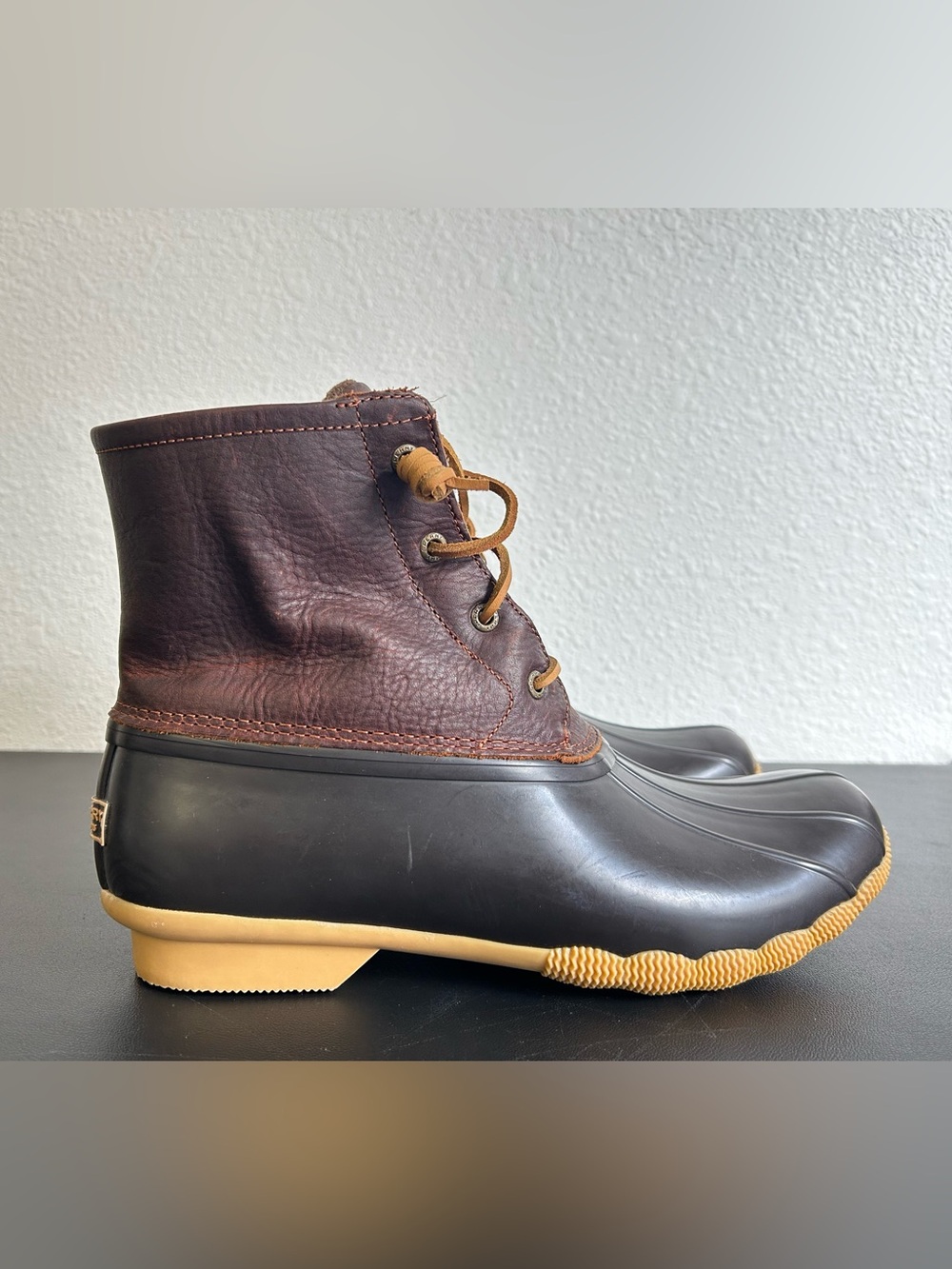 SPERRY TOP SIDER Saltwater Duck Boots Size 12 DARK BROWN LEATHER/BLACK